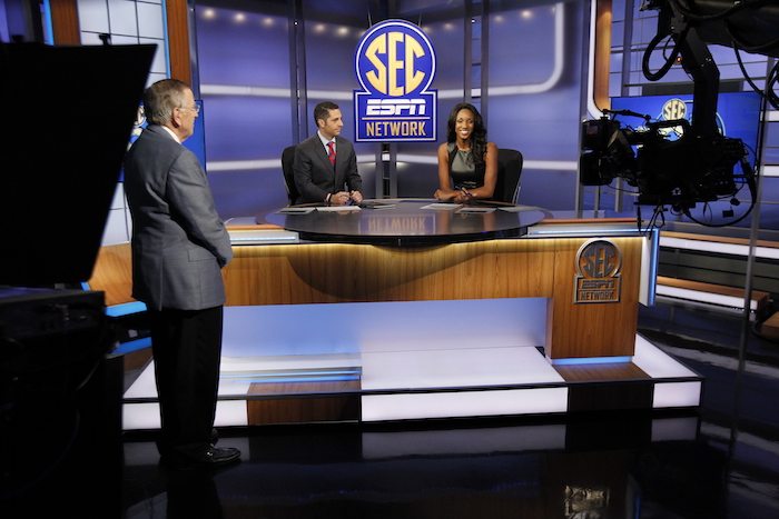Charlotte, N.C. - August 14, 2014 - Charlotte Production Facility: Brent Musburger (l), Dari Nowkhah and Maria Taylor during the SEC Network launch.(Photo by Travis Bell / ESPN Images)