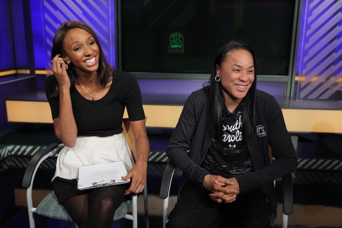 Charlotte, NC - October 22, 2015 - ESPN Charlotte Production Facility: Maria Taylor and coach Dawn Staley of the University of South Carolina Gamecocks during the 2015 SEC Women's College Basketball Media Day (Photo by Travis Bell / ESPN Images)