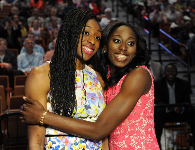 UNCASVILLE, CT - APRIL 14: Chiney Ogwumike poses with her sister Nneka Ogwumike during the 2014 WNBA Draft Presented By State Farm on April 14, 2014 at Mohegan Sun Arena in Uncasville, Connecticut. NOTE TO USER: User expressly acknowledges and agrees that, by downloading and/or using this Photograph, user is consenting to the terms and conditions of the Getty Images License Agreement. Mandatory Copyright Notice: Copyright 2014 NBAE (Photo by Brian Babineau/NBAE via Getty Images)